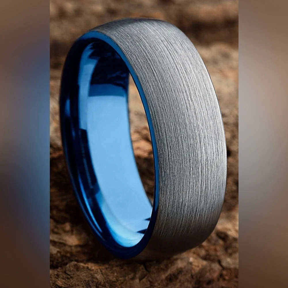 8mm Domed Blue Silver Tungsten Ring Wedding Band
